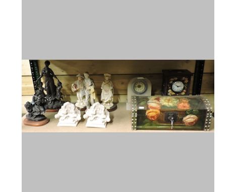 A 19th century alabaster cased mantle clock, 23cm tall, together with a painted mantle clock, a mahogany clock, boxes and dec
