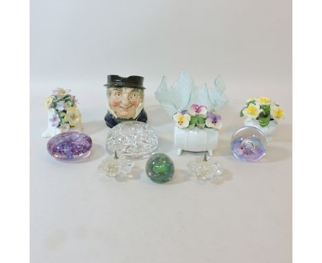 A pair of Swarovski crystal candle holders, together with a Caithness paperweight, 5cm tall, other paperweights etc