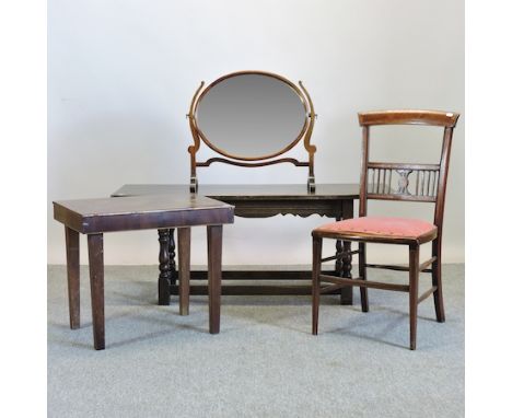 A 19th century commode stool, together with an Edwardian inlaid side chair and a coffee table