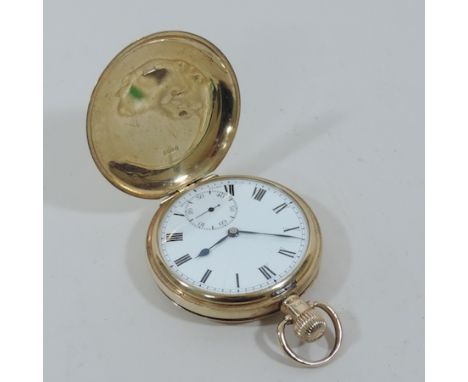 A 9 carat gold gentleman's full hunter pocket watch, with a white enamel dial, boxed