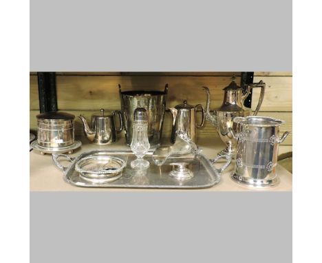 A silver plated ice bucket, a biscuit barrel and other silver plated items, to include decanter labels, together with two lar