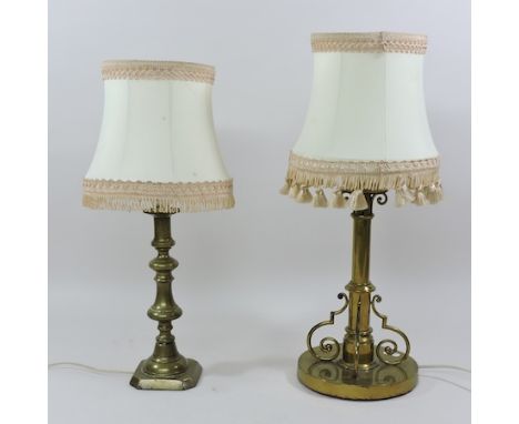 A brass table lamp, together with another, and a mahogany swing frame toiletry mirror