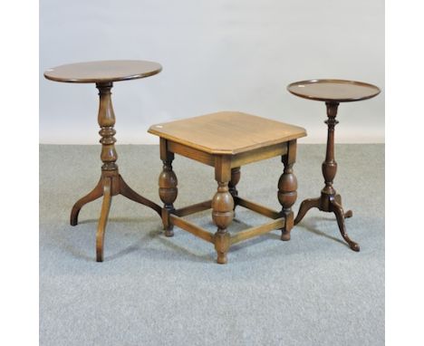 A mahogany tripod table, together with a wine table and a 1920's oak square occasional table, 50cm