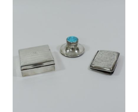 A silver inkwell, with a blue enamelled lid, Birmingham 1921, 4cm tall, together with a silver cigarette box and cigarette ca