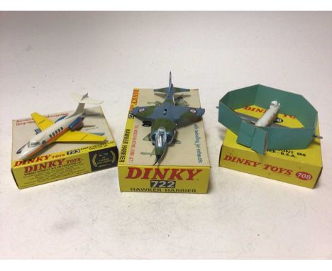Dinky Hawker Harrier no 722, Hawker Sidderley HS 125 Executive Jet No 723, Vickers Viscount 800 Air Liner B.E.A. No 708, all 