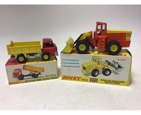 Dinky Atlas Digger No 984, Eaton Yale Articulated Tractor Shovel No 973, Ford D800 Tipper Truck No 438, all boxed (3)