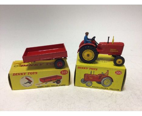 Dinky Massey-Harris Tractor No 300, Weeks Farm Trailer (Tipping) No 319, Hay Rake No 27K, all boxed (3)