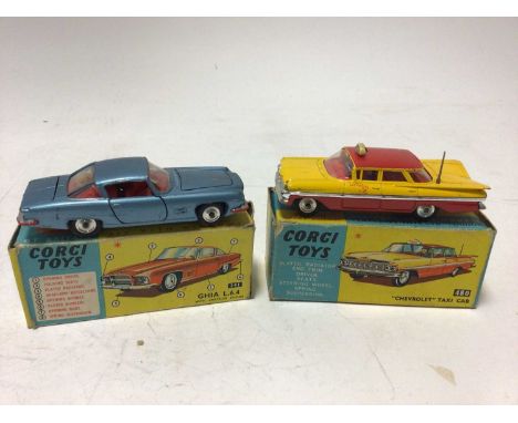 Corgi Ferrari "Berlinelta" 250 le Mans No.314, Ghia L.6.4. No. 241, Chevrolet Taxi Cab No.480, Bermuda Taxi No.430 plus Dinky