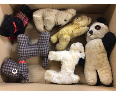 A selection of small soft toys including mohair teddy, dog, pink lamb and others. Plus a child's comb, brush and mirror in fi
