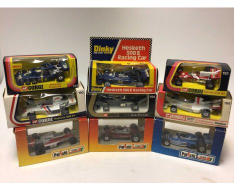 Selection of boxed Formula 1 cars including Corgi 156, 161, 162, 154, Dinky 222, Polistill FK11, FK13, FK19, all boxed plus 3