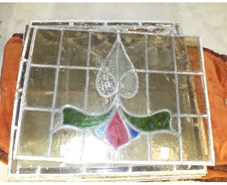 Five polychrome leaded-light window panels, 48 x 44cm and another, 35 x 48cm, (6). 