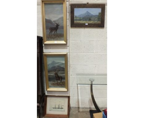G F Nolan, 'Mt Egmont, New Zealand', initialled watercolour, 26.5 x 46cm, titled, signed label verso, J Ferris, 'Stag', a pai