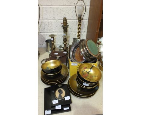A copper warming pan with turned wood handle, an onyx and brass table lamp, a small quantity of plated cutlery, three framed 