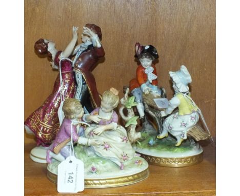 A Wilhelm Rittirsch Dresden Art Germany porcelain figure group of a couple dancing, 18.5cm high, two other German figure grou