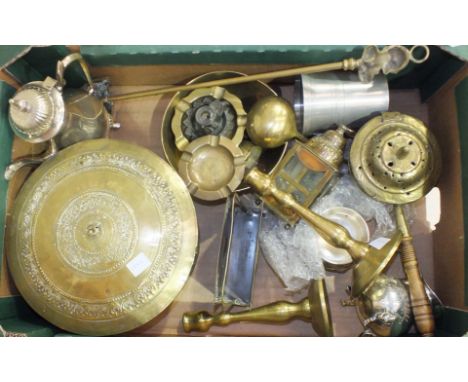 A large brass baluster-shaped planter, 36cm diameter, a brass jam pan, other metalware and miscellaneous items. 