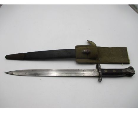 British Lee Metford Mk1 bayonet in leather scabbard stamped Sanderson, 1892 with Broad Arrow stamp and VR