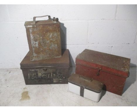 Three vintage metal boxes, one has P G Westlake on the front and 2336 on side, plus a Shell Mex BP petrol can.