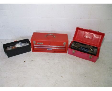 A red Stack On tool chest, along with two other tool boxes, all full with various vintage tools and accessories