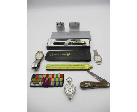 A collection of miscellaneous items including a Bulova watch, Taylor's Lambs foot penknife, lighters, Parker pen, compass etc