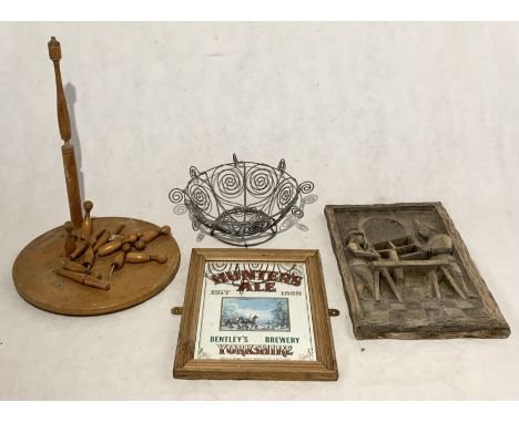 A collection of items including a small Hunters Ale mirrored advertising sign, carved wooden panel, tables skittles etc.