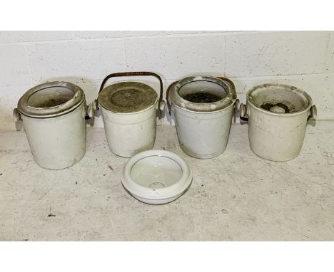Four white ceramic slop buckets with bamboo handles
