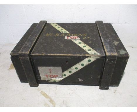 A vintage wooden trunk, top named to Mr H.B.Barns R.N (Royal Navy)