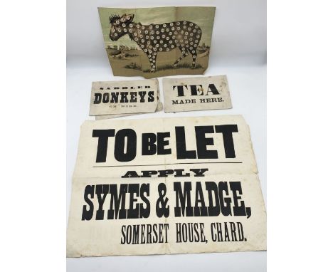 A collection of vintage paper signs and notices including a "To be Let" sign for Symes &amp; Madge of Somerset House Chard 58