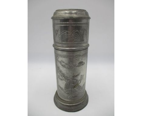 A Japanese pewter flask decorated with cranes, two character mark to lid