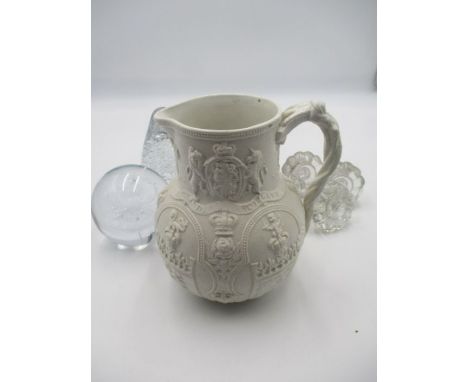 A white relief decorated ceramic jug by W.B Albion 1863 commemorating the wedding of Prince Edward and Alexandra of Schleswig