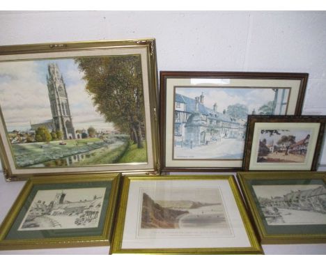 A collection of various pictures including an oil painting of a church and a print of Sidmouth
