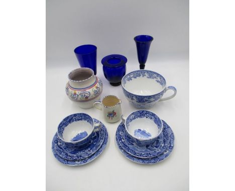 Three pieces of Bristol Blue glass, along with two Spode Blue Italian trio's, a Spode Blue Room Collection cup and a Poole Po