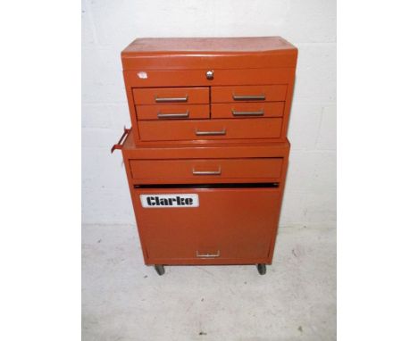 A Clarke steel tool trolley, along with a toolbox, both full with a large collection of various vintage tools and accessories
