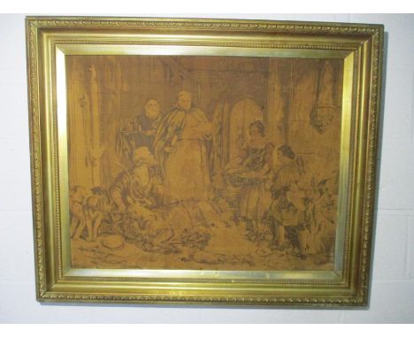 A large gilt framed tapestry "The Monk's Feast", 65cm x 83cm