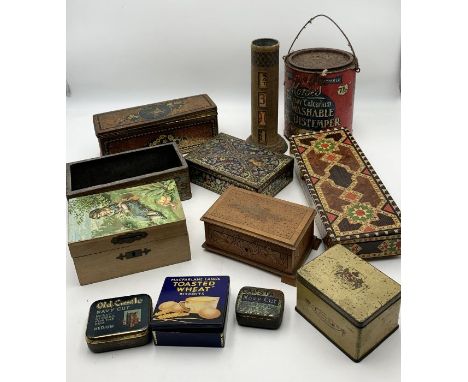 A collection of vintage and antique tins including Huntley &amp; Palmers Biscuits, C.W.S Crackers, Macfarlane Lang's etc