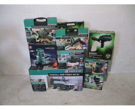 A collection of nine boxed/cased Parkside power tools including Scroll Saw, Random Orbital Sander, Airbrush Set Pack, Pneumat