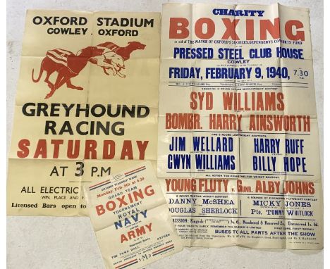 Three vintage posters from the 1940's, one detailing a charity boxing match held at the Pressed Steel Club House Oxford on Fe