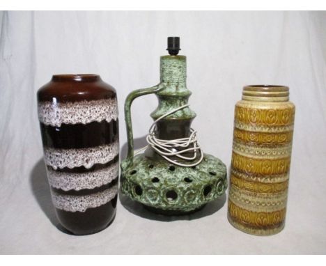 A West German studio pottery fat lava table lamp (Approx. height 52cm), along with two West German vases