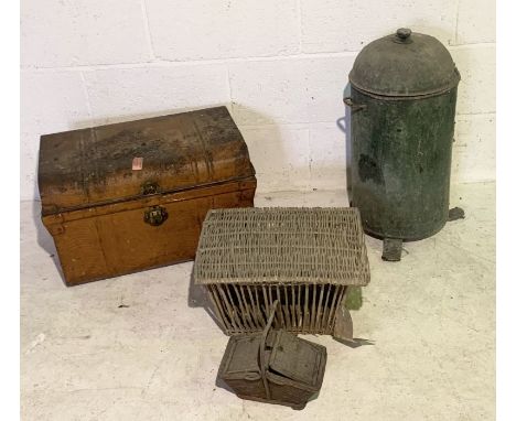 A J.H Heathman &amp; Co galvanised pumped fire extinguisher along with a vintage tin trunk and two wicker baskets