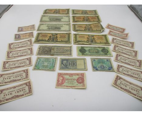 A collection of vintage bank notes including war issue Japanese Government, Malaya, German etc.