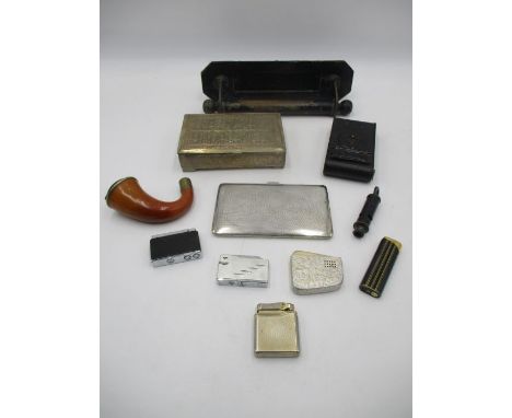 A Kodak vest camera, brass letterbox various lighters, pipe etc.