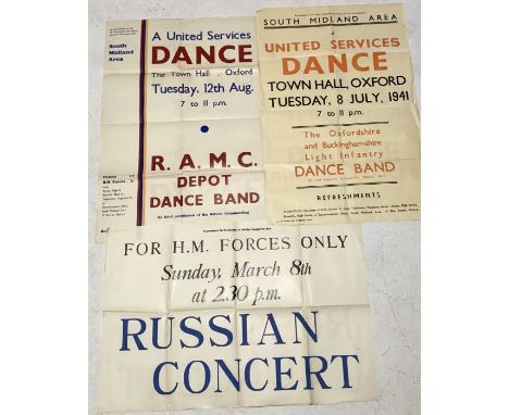 A collection of three wartime posters advertising concerts and dances for the United Services and Forces at the town hall Oxf