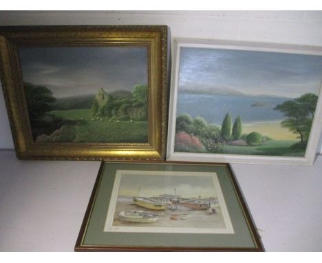 Two oil paintings along with a signed print "Fishing boats at Worthing"