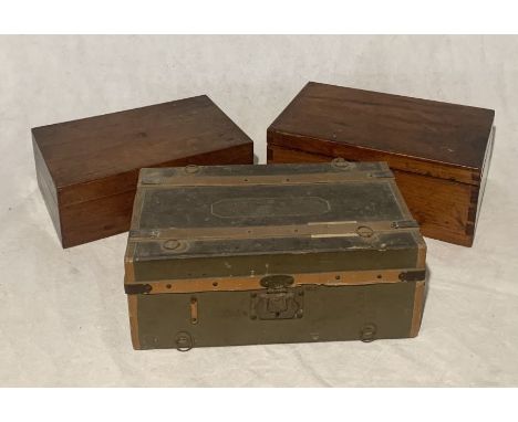 A collection of three vintage and antique wooden boxes including writing slope, small vintage steamer style trunk etc.