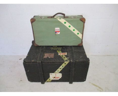 A wooden storage trunk, named on top with H.B.Barns Lt CDr R.N (Royal Navy), along with a vintage leather bound suitcase