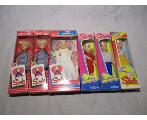 A collection of six boxed Pedigree Sindy dolls, including 2 x  Party Girl, First Romance and 3 x Funtime - all blondes