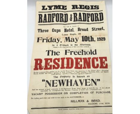 A vintage poster advertising a sale by Radford &amp; Radford of the "Newhaven" property in Lyme Regis on Friday May 10th 1929