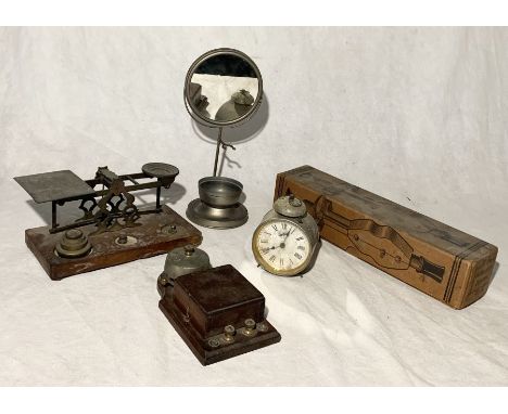 A collection of various items including vintage shaving mirror, weights, Dr Macaura's Pulsoconn, servants bell, alarm clock e