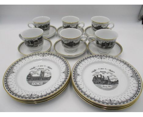 A part tea set including six cups, six saucers and six plates entitled Axminster 2001, depicting vintage town scenes included