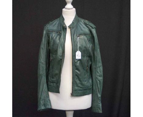 One leather short jacket with a decorative lining, made in Mauritius in the 1980s, bomber jacket style in a pale jade colour 