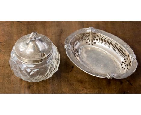 Glass preserve bowl with silver top, facet cut squat body with silver ogee domed lid, maker Levi & Salaman, Birmingham 1911, 